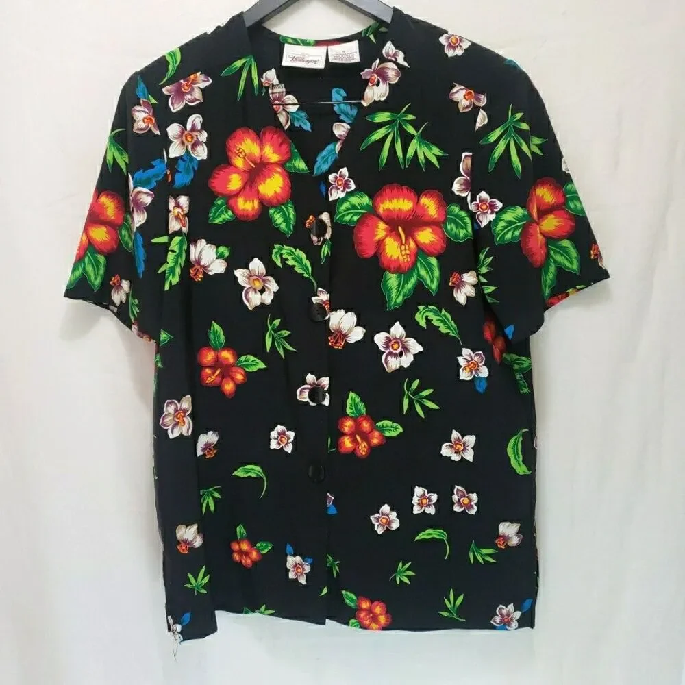VTG Worthington Tropical Hibiscus Blouse 16 Black Hawaiian Button Up Plus Top - Picture 1 of 8